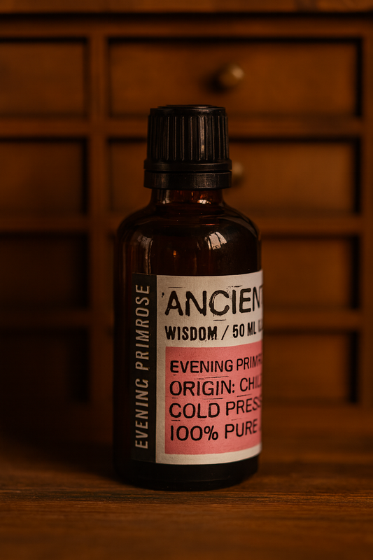 Amber glass bottle with black cap labelled ‘Evening Primrose—cold-pressed’; a golden Oenothera biennis seed oil from China with a slightly nutty scent and thick, slow-absorbing glide for face, body and scalp blends.