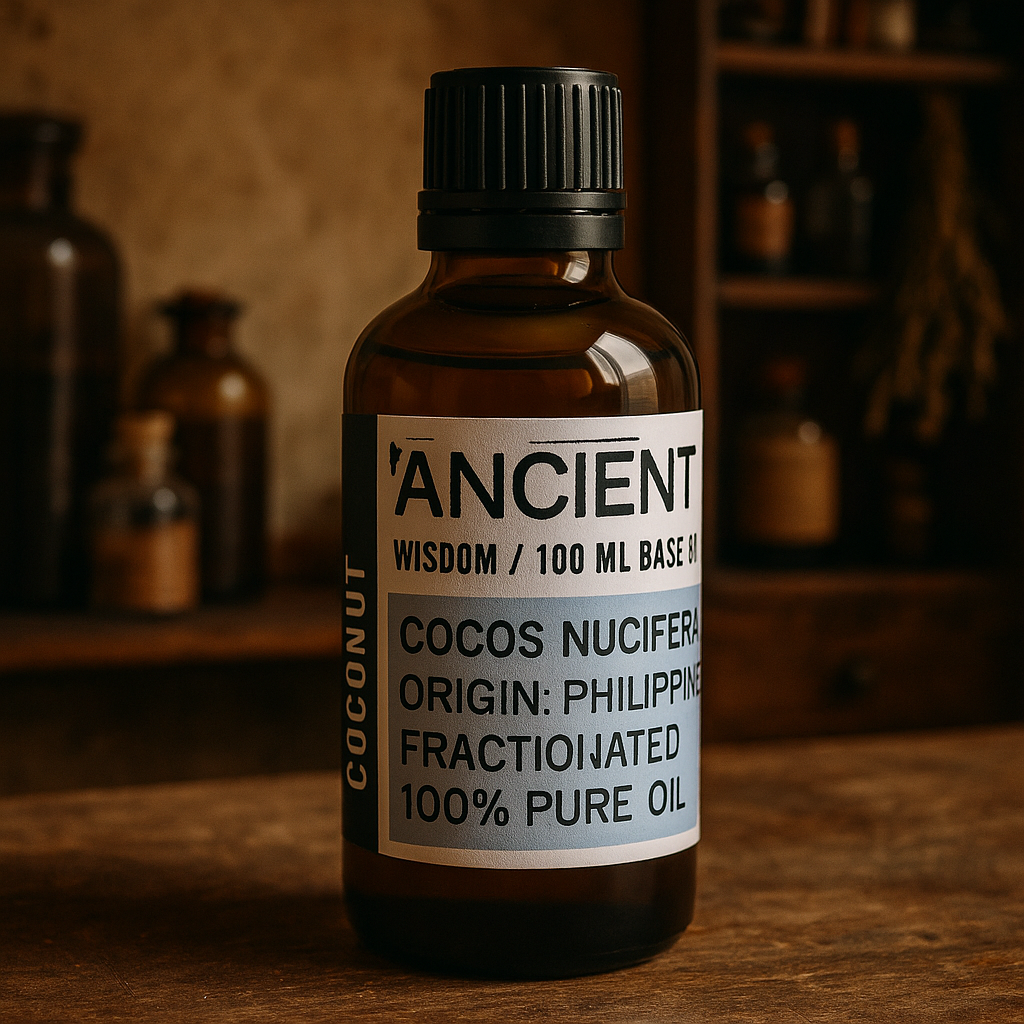 Amber glass bottle with black cap labelled ‘Fractionated Coconut—MCT, 100 ml; a clear, odourless, lightweight carrier oil from the Philippines that stays liquid for massage and blending