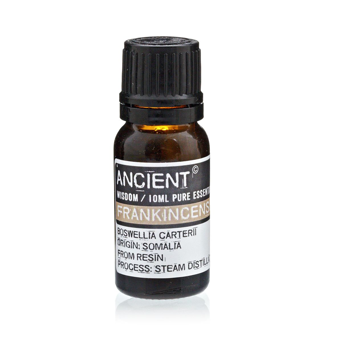 Amber 10 ml bottle labelled ‘Frankincense—pure essential oil’, a steam‑distilled lemon‑resin and incense‑woody aroma used in calming diffusers and serene room mists.