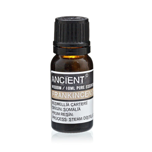 Amber 10 ml bottle labelled ‘Frankincense—pure essential oil’, a steam‑distilled lemon‑resin and incense‑woody aroma used in calming diffusers and serene room mists.
