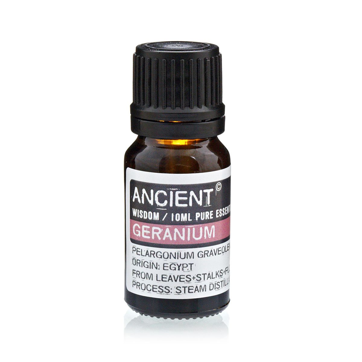Amber 10 ml bottle labelled ‘Geranium—pure essential oil’, a steam‑distilled floral‑green aroma with rosy‑minty, apple‑leaf freshness for balancing blends.