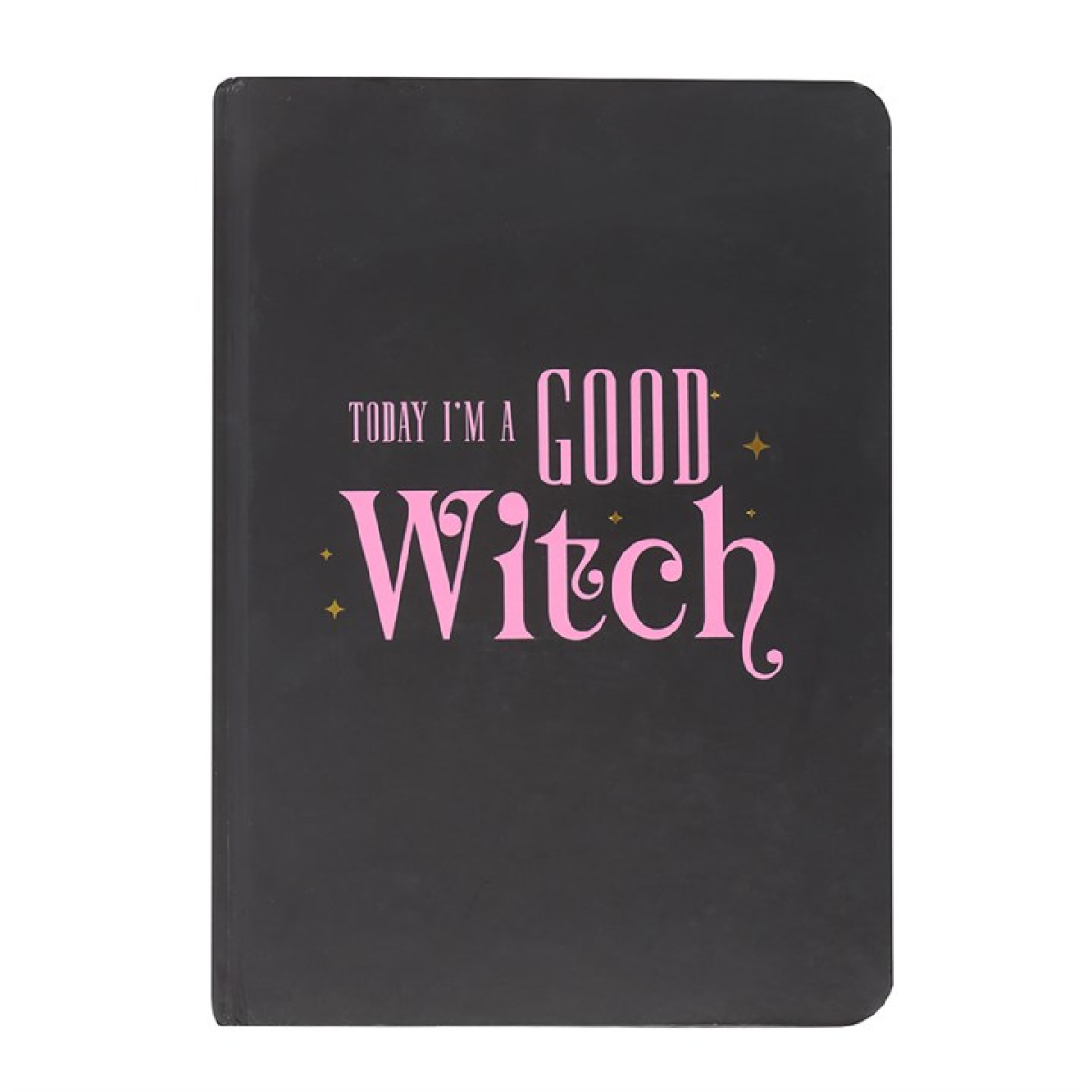 Black A5 notebook with pink “Good Witch” and green “Bad Witch” reversible covers and gold-edged pages.