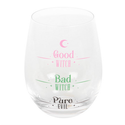 Clear stemless glass with pastel pink “Good Witch,” green “Bad Witch,” and black “Pure Evil” fill lines.
