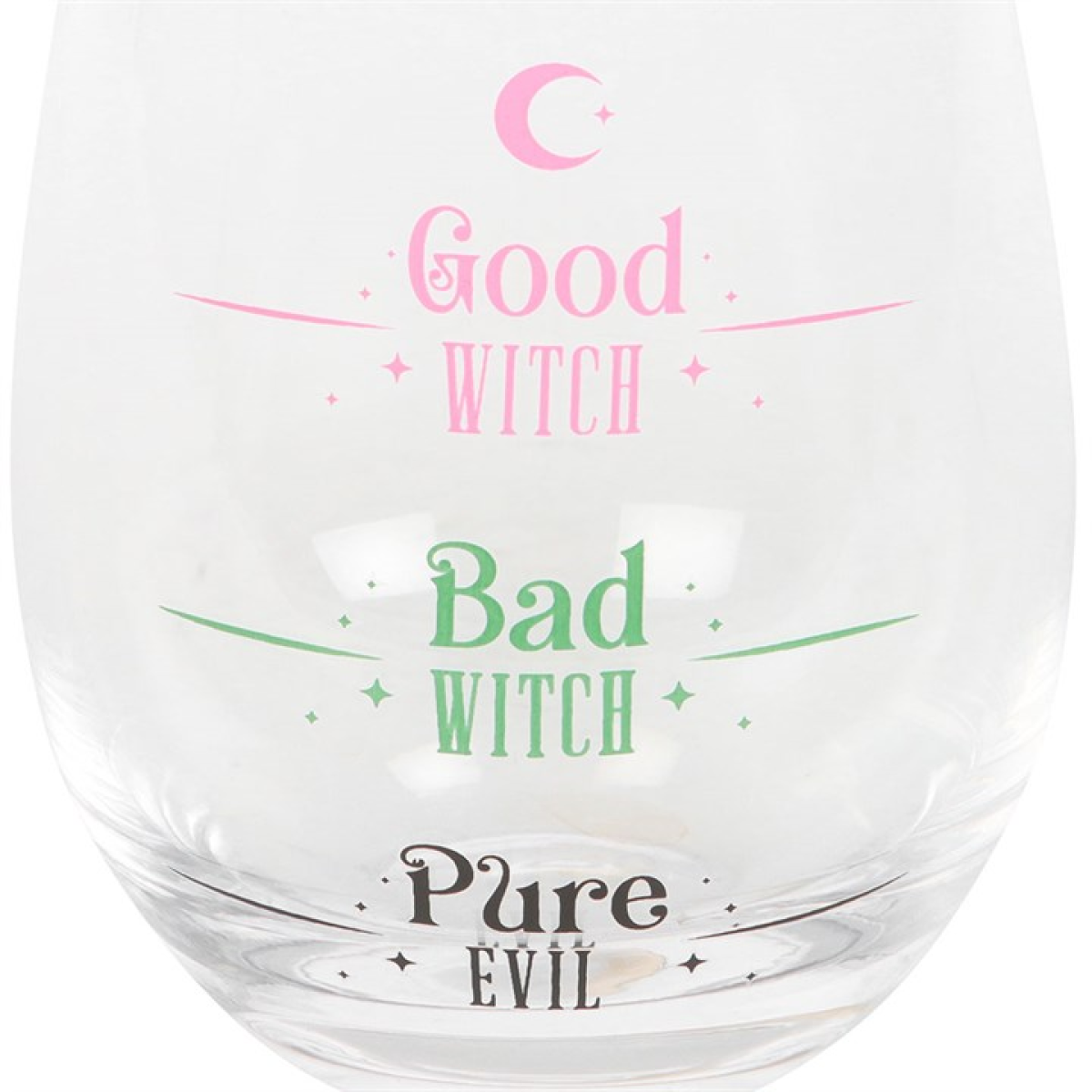 Clear stemless glass with pastel pink “Good Witch,” green “Bad Witch,” and black “Pure Evil” fill lines.