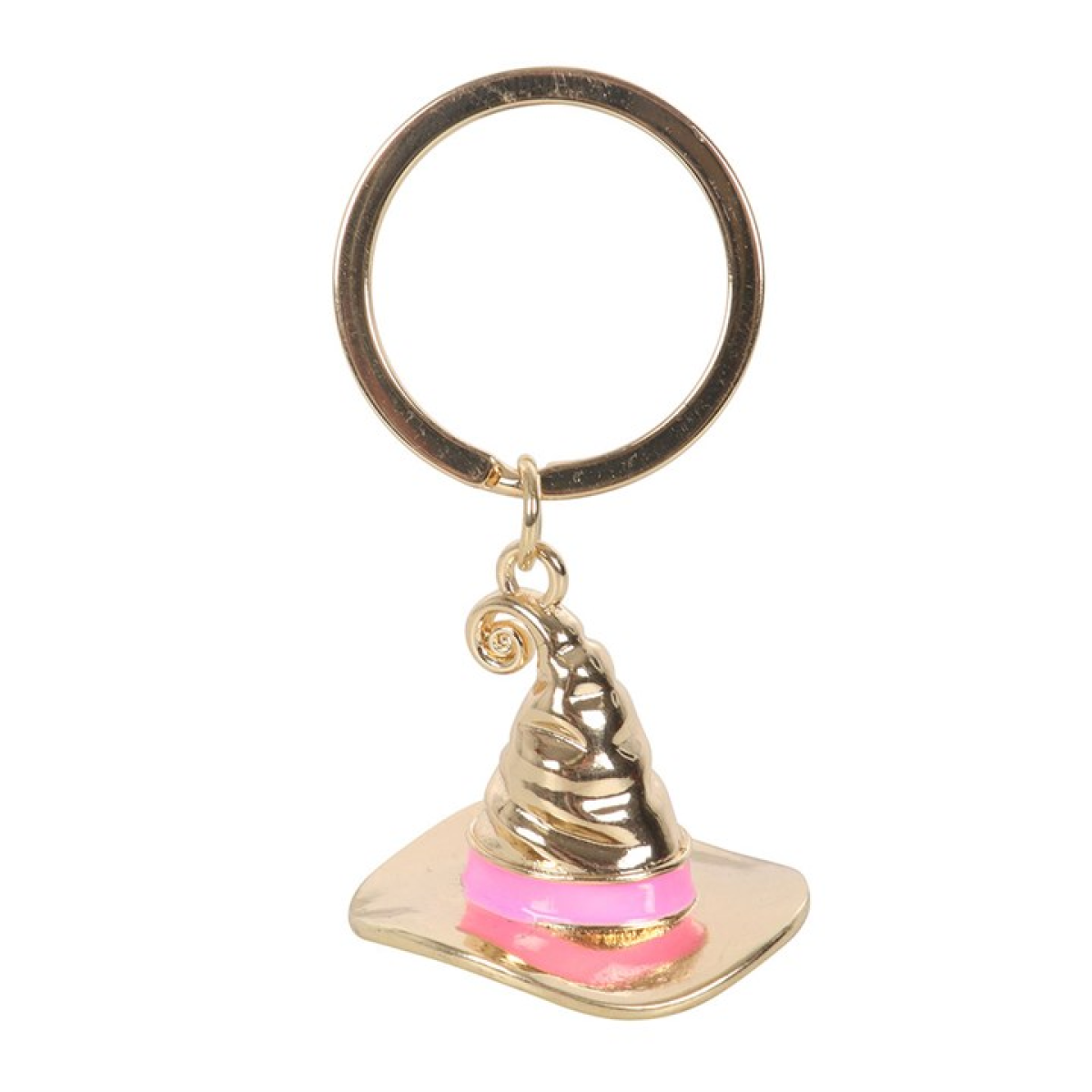 Gold-tone witch hat keyring with a pink enamel band, engraved “Good Witch,” shown on a keyring—cute witchy keychain accessory.