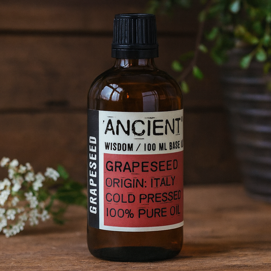 100ml amber bottle of cold-pressed Italian grapeseed carrier oil.