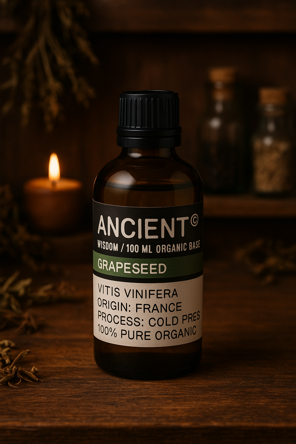 Amber glass bottle with black cap labelled ‘Grapeseed—organic, cold-pressed’; pale green, lightweight oil for skincare and haircare.