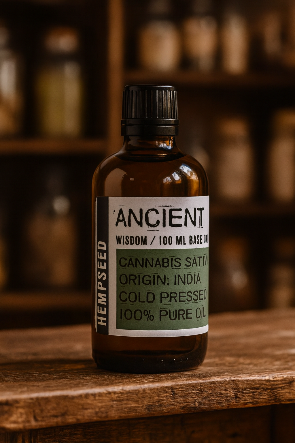 Amber glass bottle with black cap labelled ‘Hemp Seed—cold-pressed’; a leaf-green, lightly nutty Cannabis sativa seed oil from India for lightweight face, body and hair blends.