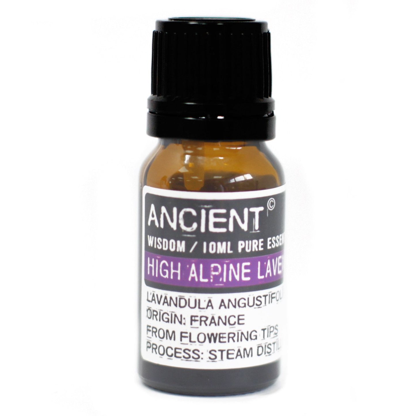 A 10 ml amber bottle labeled “High Alpine Lavender” with a black cap