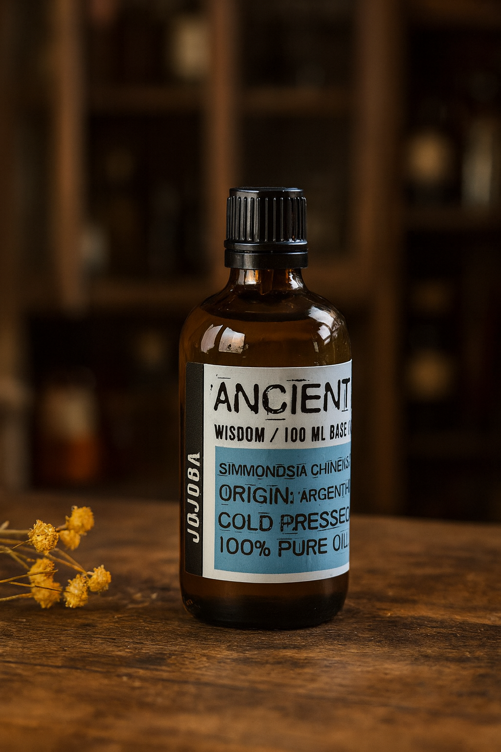 Amber glass bottle with black cap labelled ‘Jojoba—cold-pressed’; a bright golden, nearly scentless Simmondsia chinensis liquid wax for face, body and hair blends.
