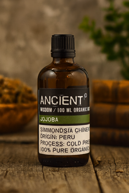 Amber glass bottle with black cap labelled ‘Jojoba—organic, cold-pressed’; pale golden, nearly scentless liquid wax ester for face, body and hair.