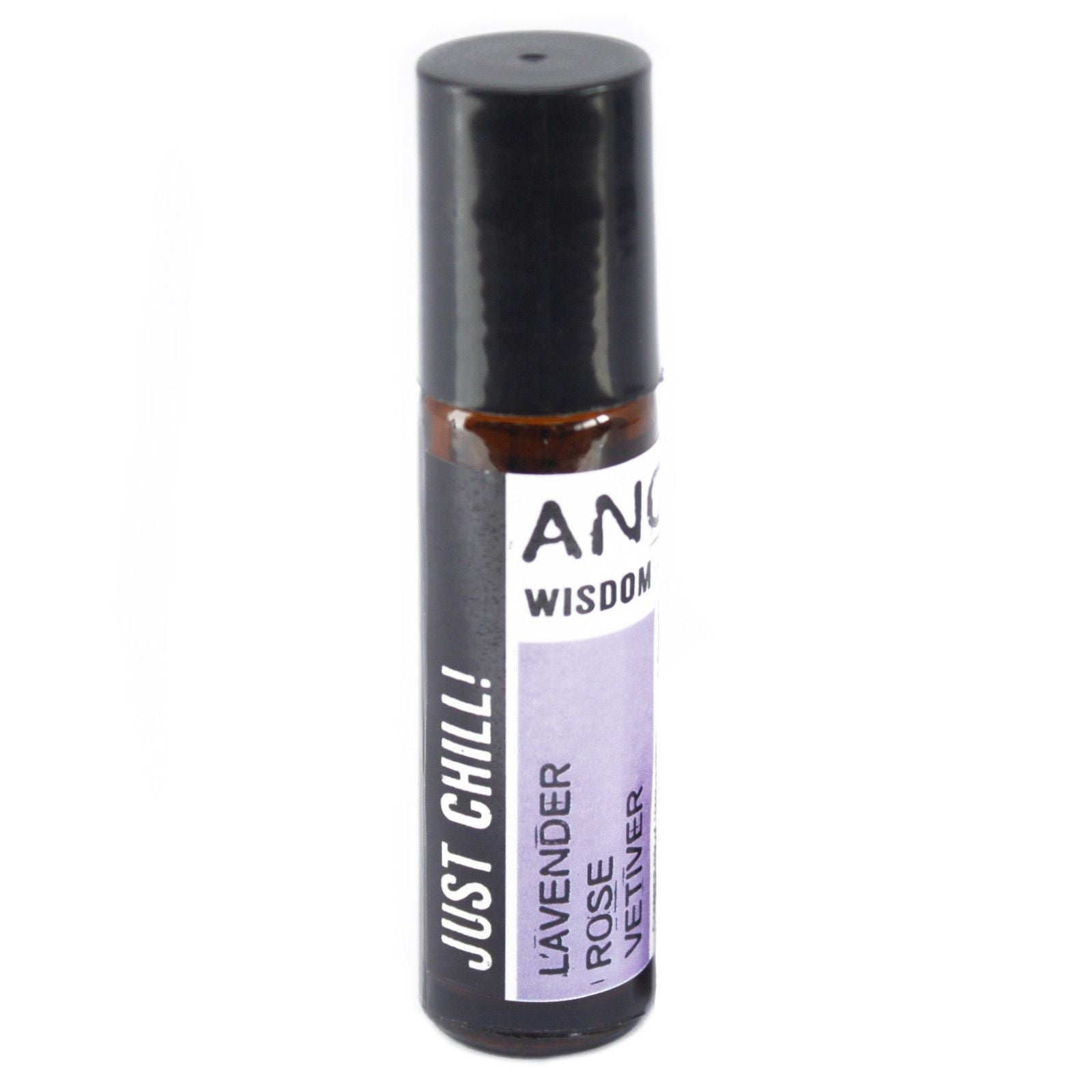 Small amber glass roller bottle with black cap and stainless-steel ball, labelled ‘Just Chill! Lavender • Rose • Vetiver,’