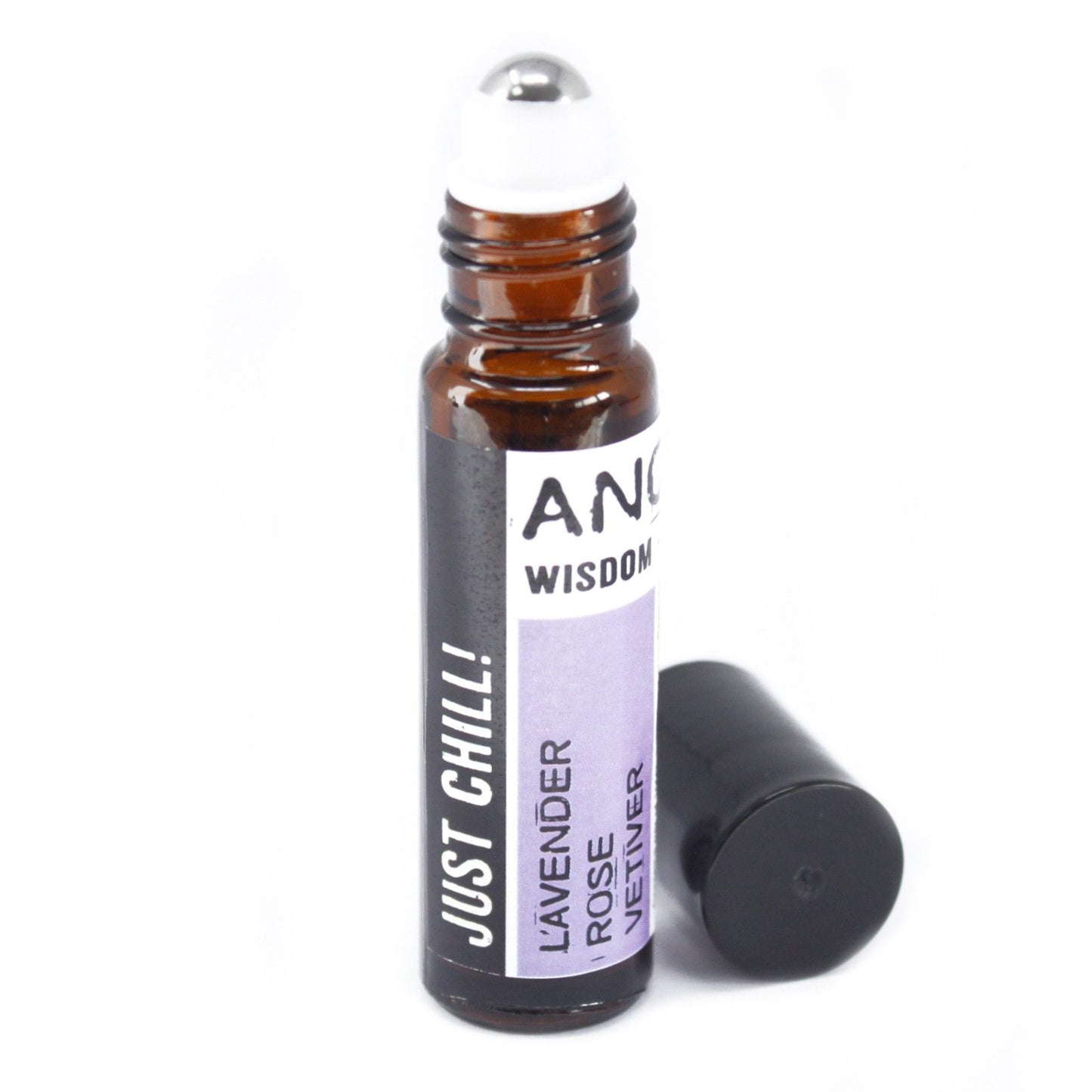 Small amber glass roller bottle with black cap and stainless-steel ball, labelled ‘Just Chill! Lavender • Rose • Vetiver,’ shown without the cap.