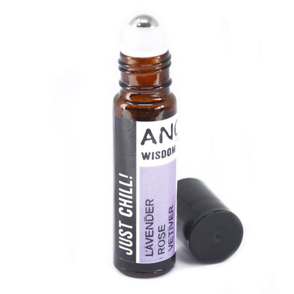 Small amber glass roller bottle with black cap and stainless-steel ball, labelled ‘Just Chill! Lavender • Rose • Vetiver,’ shown without the cap.
