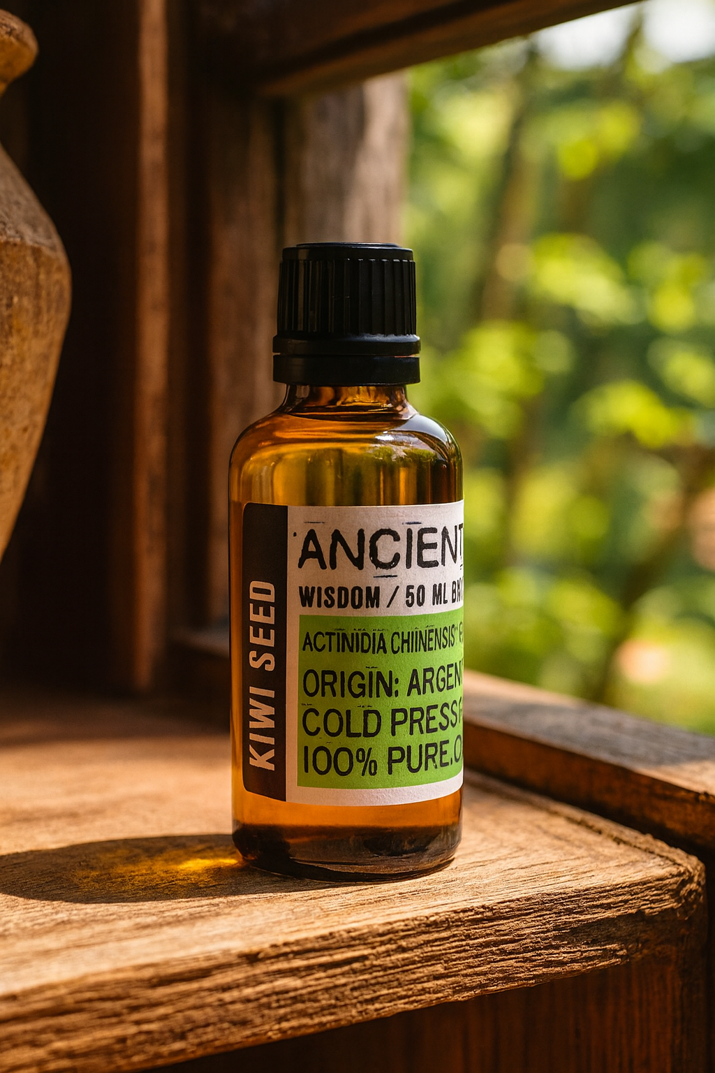 Amber glass bottle with black cap labelled ‘Kiwi Seed—cold-pressed’; a pale-to-medium green Actinidia chinensis oil from Argentina with a mild, fresh, fruity aroma and a lightweight, fast-absorbing feel for face, body and hair blends.