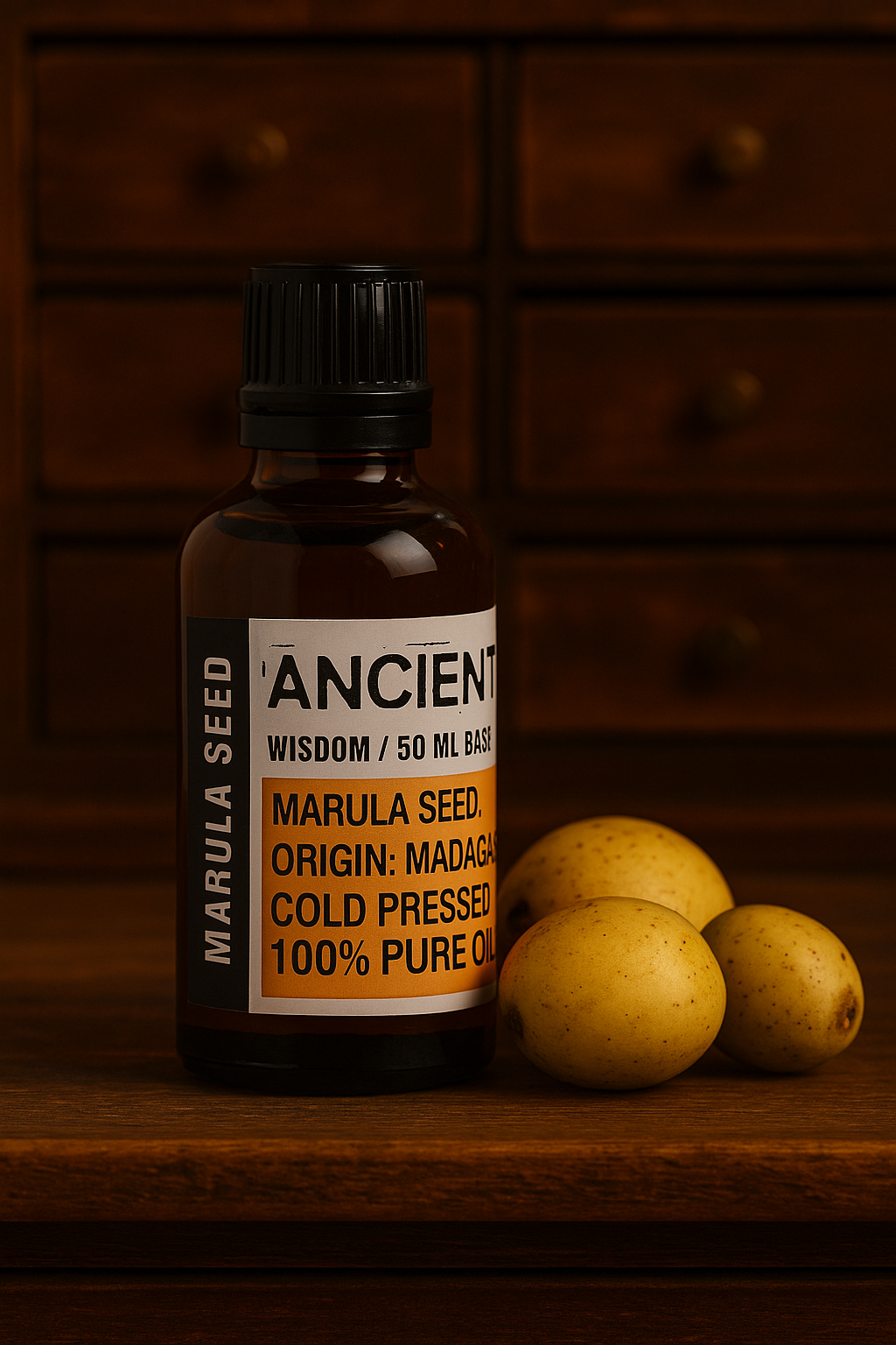 Amber glass bottle with black cap labelled ‘Marula—cold-pressed’; a pale-yellow to light-gold Sclerocarya birrea seed oil from Madagascar with a mild, slightly nutty aroma and a fast-absorbing, satin finish.