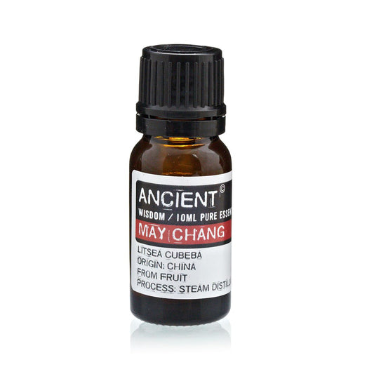 Amber 10 ml bottle labelled ‘May Chang—pure essential oil’, a steam-distilled citrus-bright aroma used in uplifting diffusers and cleansing sprays