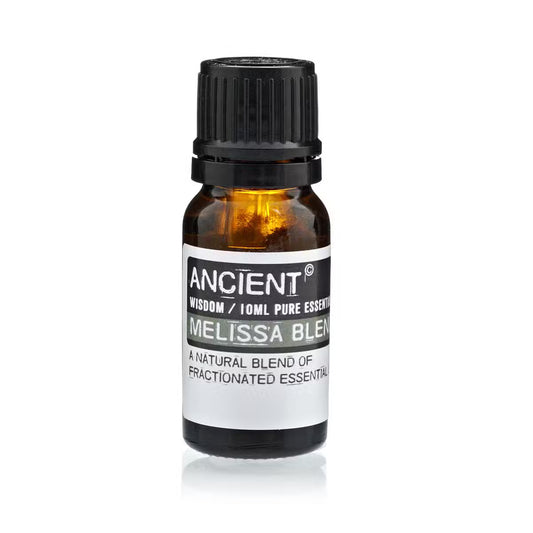 Amber 10 ml bottle labelled ‘Melissa—natural blend’, a lemony, sweet-herbal aroma built from essential-oil fractions for uplifting diffusers and fresh room mists.