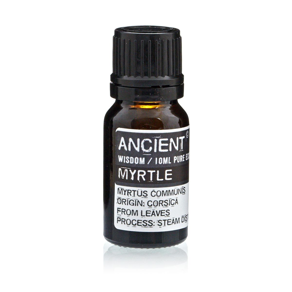 A 10 ml amber glass bottle labeled “Myrtle” with black cap.