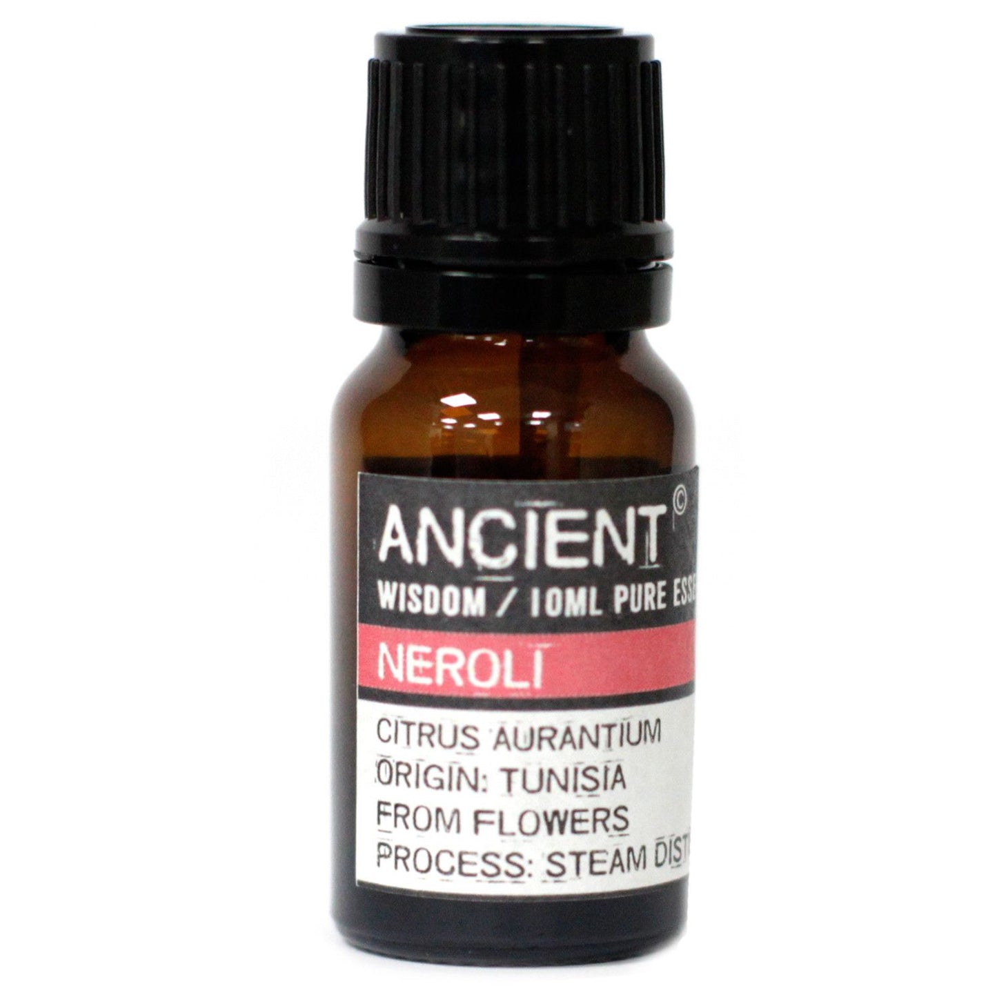 Amber 10 ml bottle labelled ‘Neroli—pure essential oil’, hydro distilled from bitter orange blossoms; a honeyed citrus-floral aroma for calming diffusers and skin-kind blends.