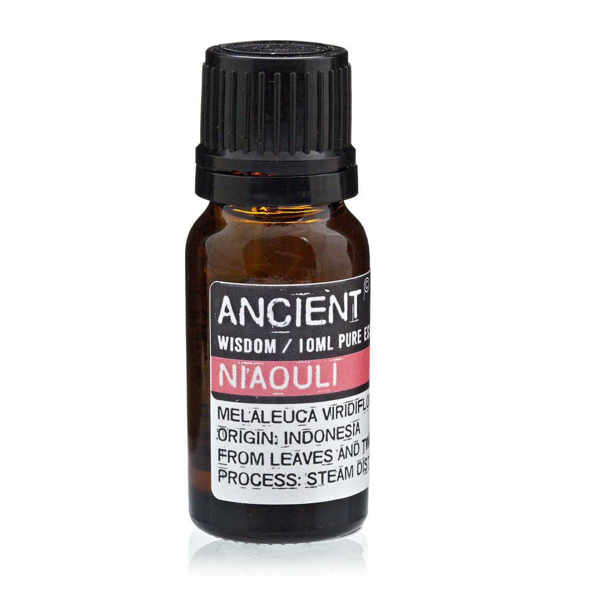 Amber 10 ml bottle labelled ‘Niaouli Essential Oil’, steam distilled from the leaves and twigs of Melaleuca viridiflora in Indonesia, valued for respiratory and purifying blends.