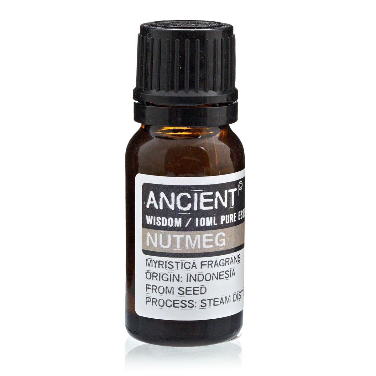 A 10 ml amber glass bottle of Nutmeg Pure Essential Oil with black cap and white label, showing Latin name (Myristica fragrans), Indonesian origin, seed source, and steam distillation method.