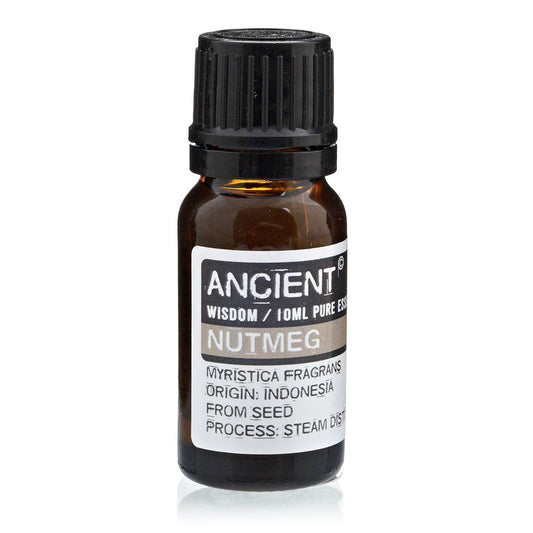 A 10 ml amber glass bottle of Nutmeg Pure Essential Oil with black cap and white label, showing Latin name (Myristica fragrans), Indonesian origin, seed source, and steam distillation method.