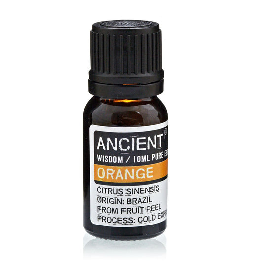 Amber 10 ml bottle labelled ‘Orange—pure essential oil’, a cold-expressed sweet citrus aroma used for uplifting diffusers, room sprays, and gentle massage blends.