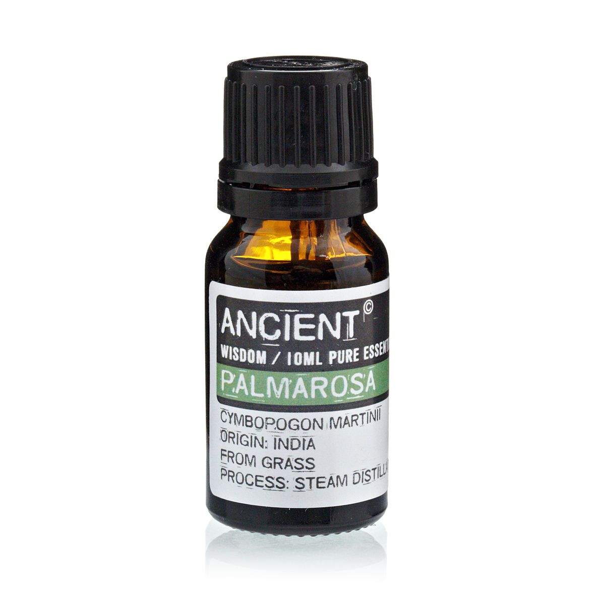 Amber 10 ml bottle labelled ‘Palmarosa—pure essential oil’, a steam-distilled grassy floral oil with rose-like scent, loved for balancing skin and soothing emotions.