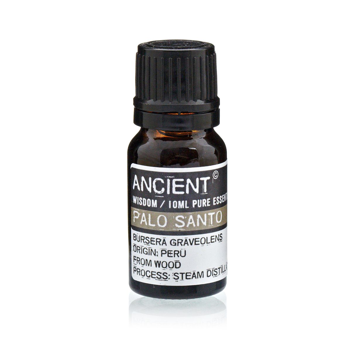 A 10 ml amber glass bottle labeled “Palo Santo” with a black cap.