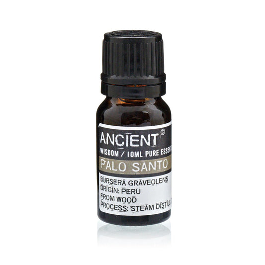 A 10 ml amber glass bottle labeled “Palo Santo” with a black cap.
