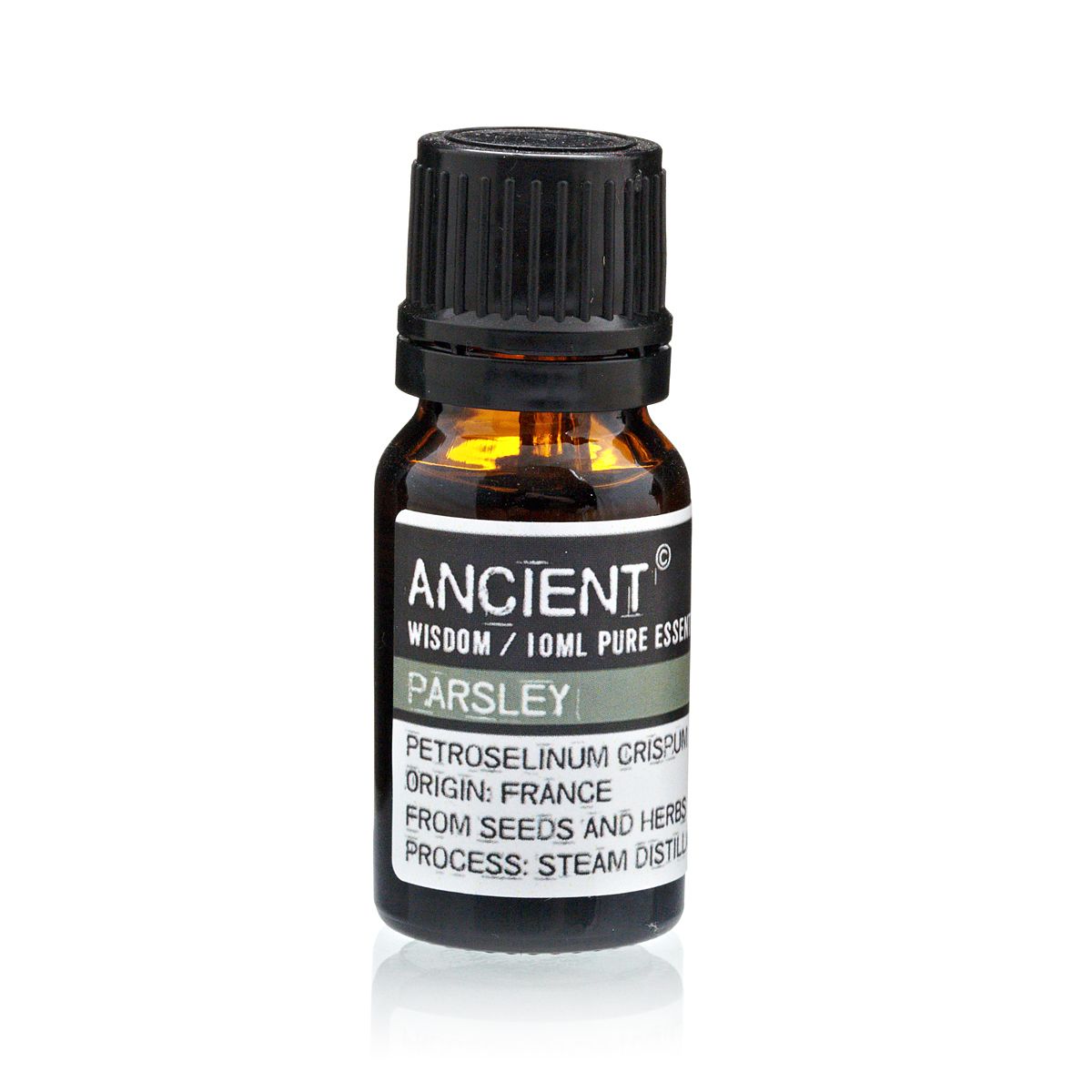 Amber 10 ml bottle labelled ‘Parsley—pure essential oil’, steam-distilled from seed and herb with a green, peppery aroma for clarifying mists and low-dilution body oils.