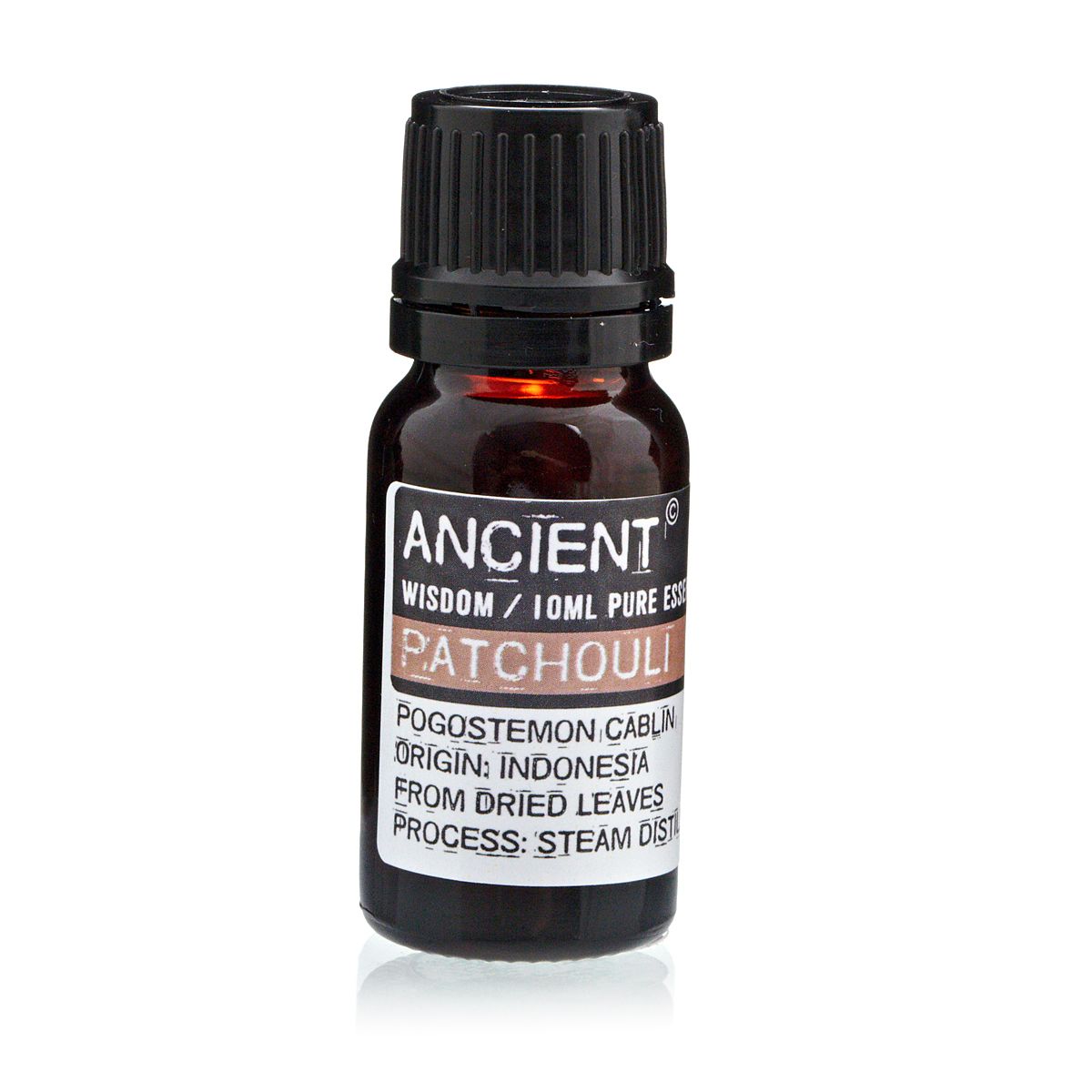 Amber 10 ml bottle labelled ‘Patchouli—pure essential oil’, steam-distilled from dried leaves. A musky, earthy, grounding oil with skin-regenerative and balancing benefits.