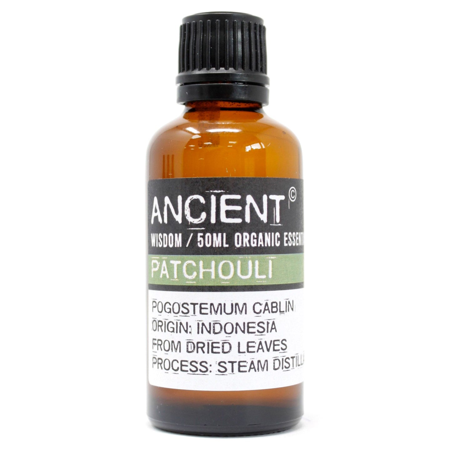Steam-distilled patchouli essential oil in a 50 ml amber bottle—an earthy, musky base note for grounding blends and natural perfume