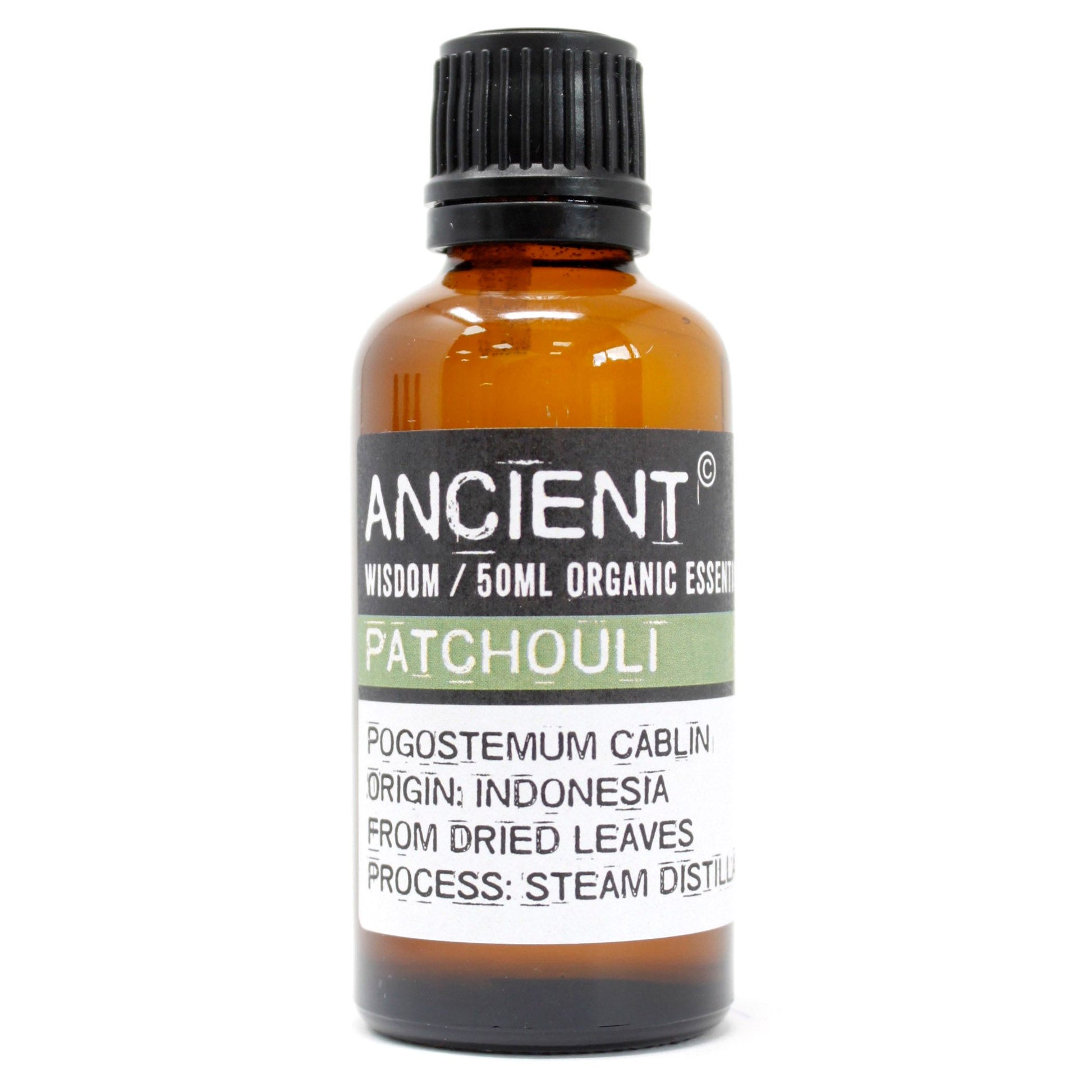 Steam-distilled patchouli essential oil in a 50 ml amber bottle—an earthy, musky base note for grounding blends and natural perfume