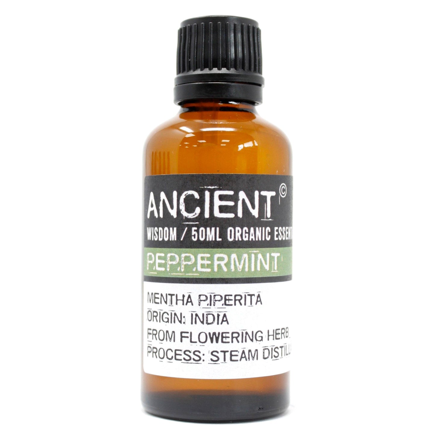 Steam-distilled peppermint essential oil in a 50 ml amber bottle—crisp, cooling top note for focus blends and fresh room scents.