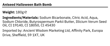 Ted jack-o’-lantern pumpkin bath bomb, handmade in the UK with aniseed fragrance. Ingredient list