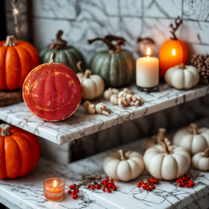 Close-up of a red jack-o’-lantern pumpkin bath bomb, handmade in the UK with aniseed fragrance.