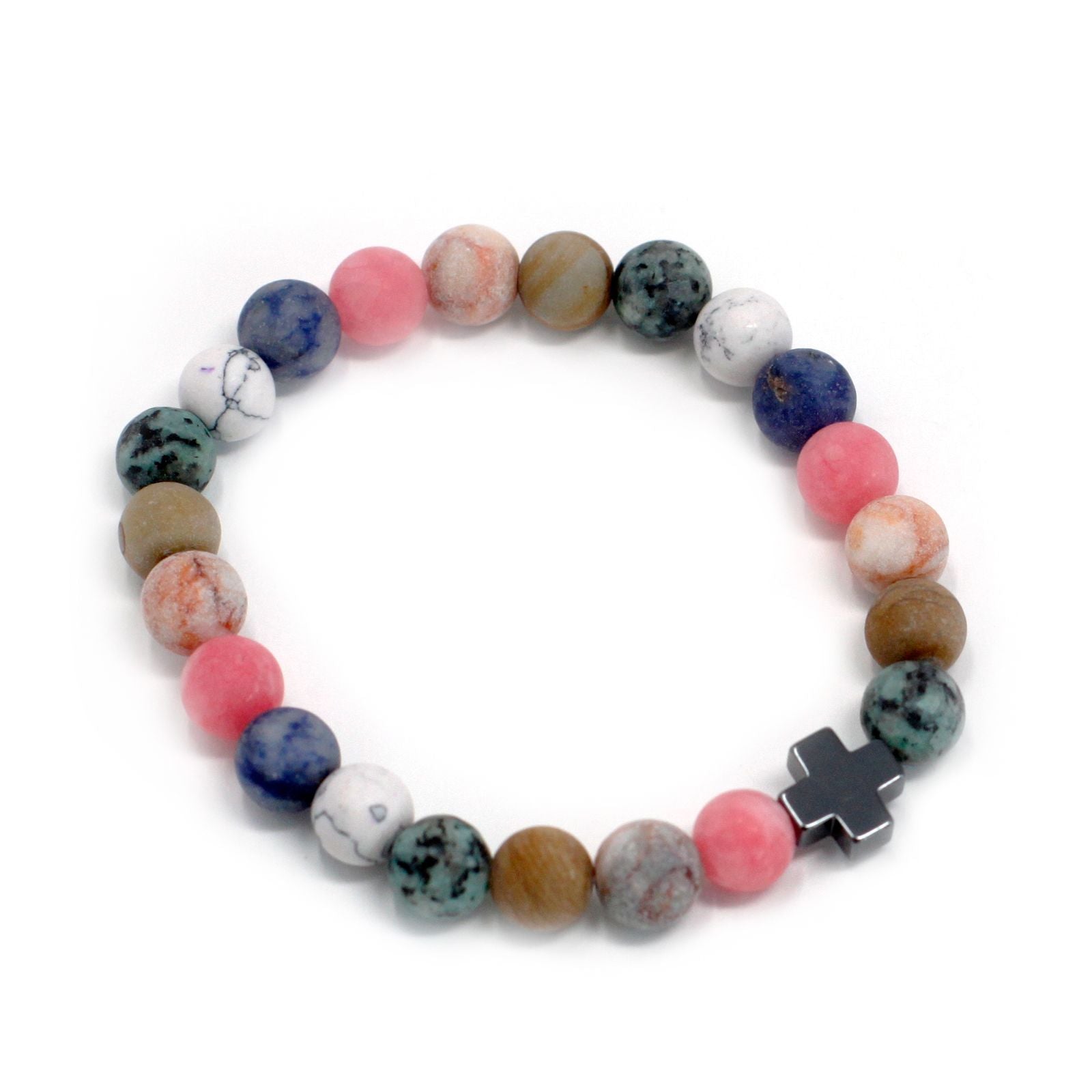 Close-up of a single rainbow gemstone bracelet showing 8 mm beads and cross charm.