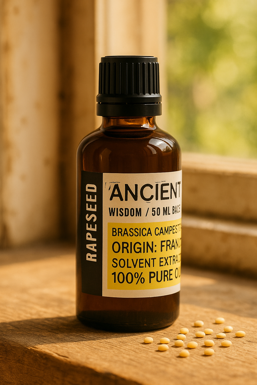 Amber glass bottle with black cap labelled ‘Rapeseed—refined’; a golden-yellow Brassica campestris seed oil from France with a light, fast-absorbing, near-scentless finish for face, body and massage blends.