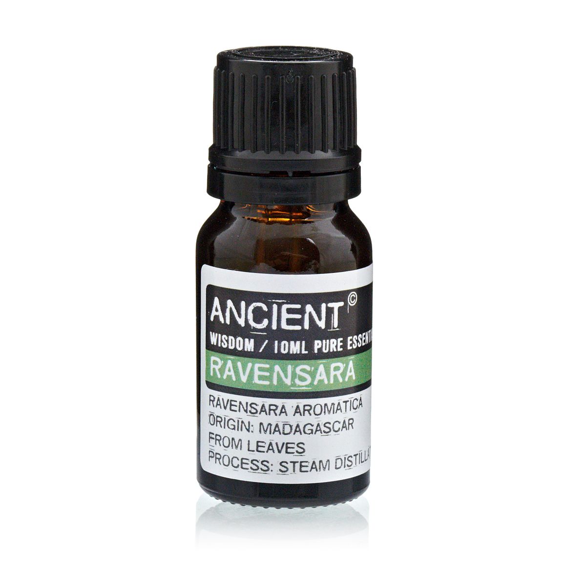 Amber 10 ml bottle labelled Ravensara pure essential oil, steam-distilled from Madagascar leaves, with antiviral, antibacterial and immune-supportive properties.