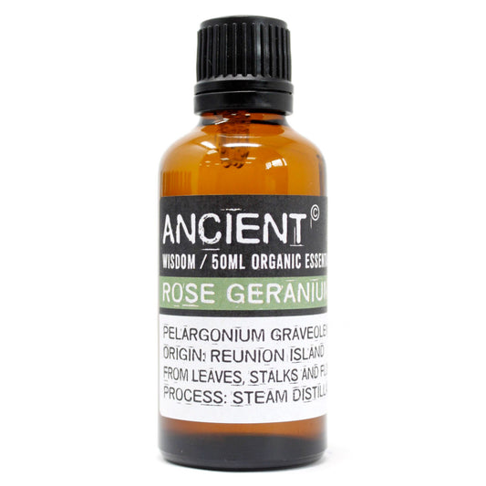 Amber 50 ml bottle labelled ‘Rose Geranium’—an organic essential oil blend with a rosy, green-herbal aroma for diffusers and skincare blends.