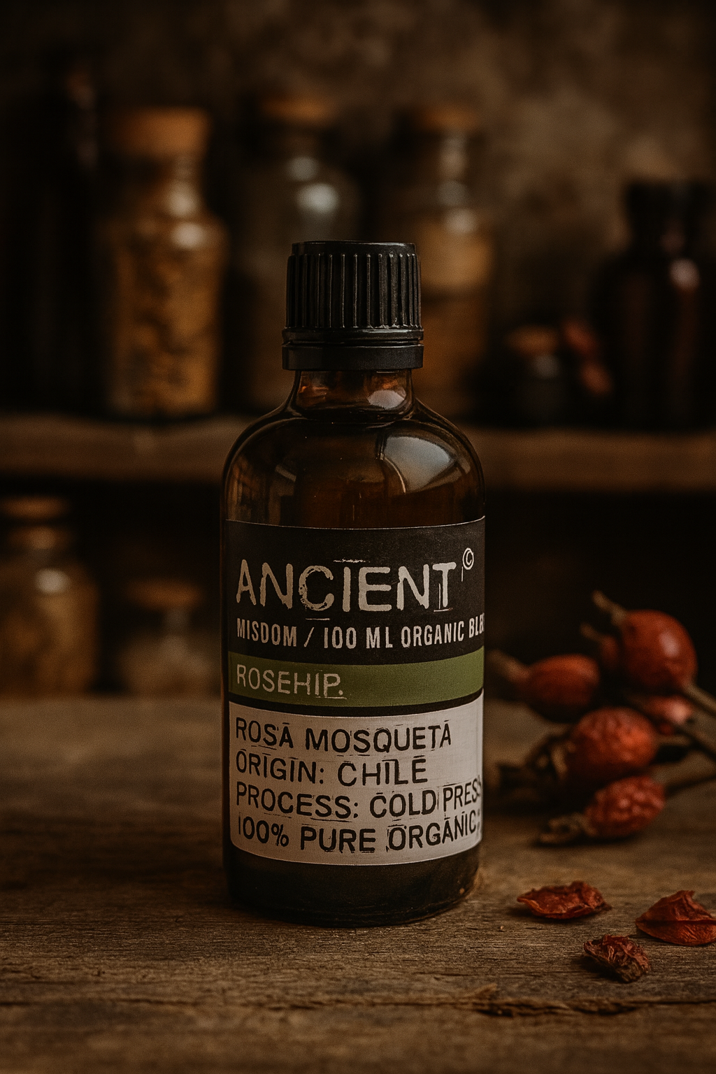 Amber glass bottle with black cap labelled ‘Rosehip—organic, cold-pressed’; deep amber-orange seed oil for facial and body blends
