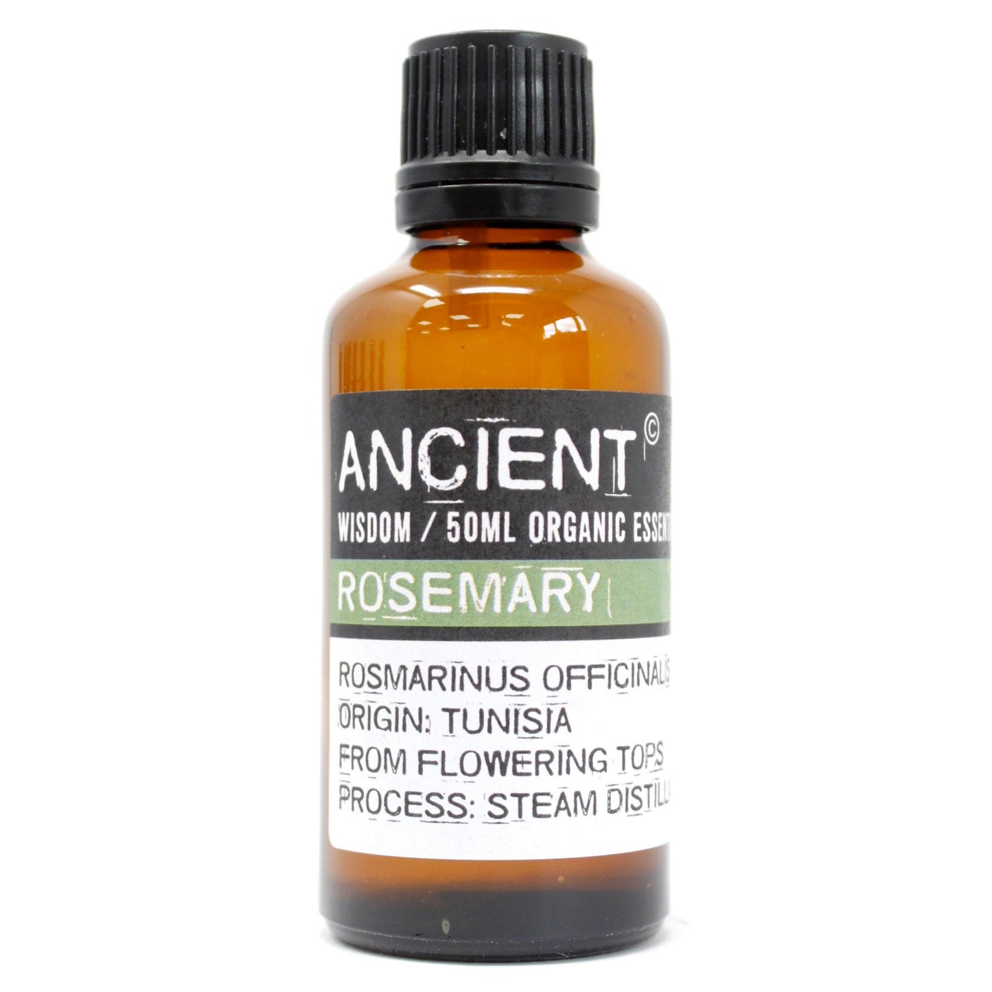 Amber 50 ml bottle labelled ‘Rosemary—organic, steam-distilled’, a fresh herbaceous essential oil from flowering tops.