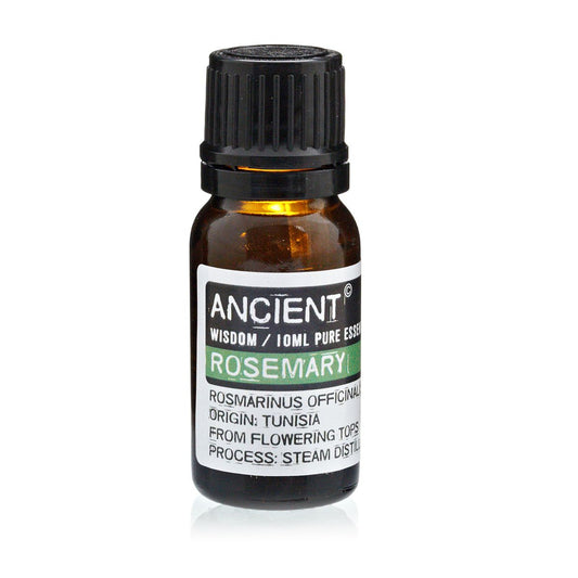 Amber 10 ml bottle labelled Rosemary Essential Oil, steam-distilled from flowering tops in Tunisia, used for mental clarity, hair care, and circulation.