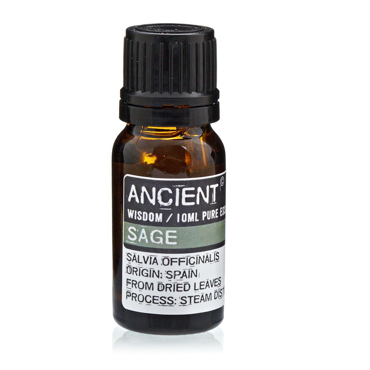 Amber 10 ml bottle labelled Sage Essential Oil, steam-distilled from dried leaves in Spain, known for cleansing, grounding, and digestive support.