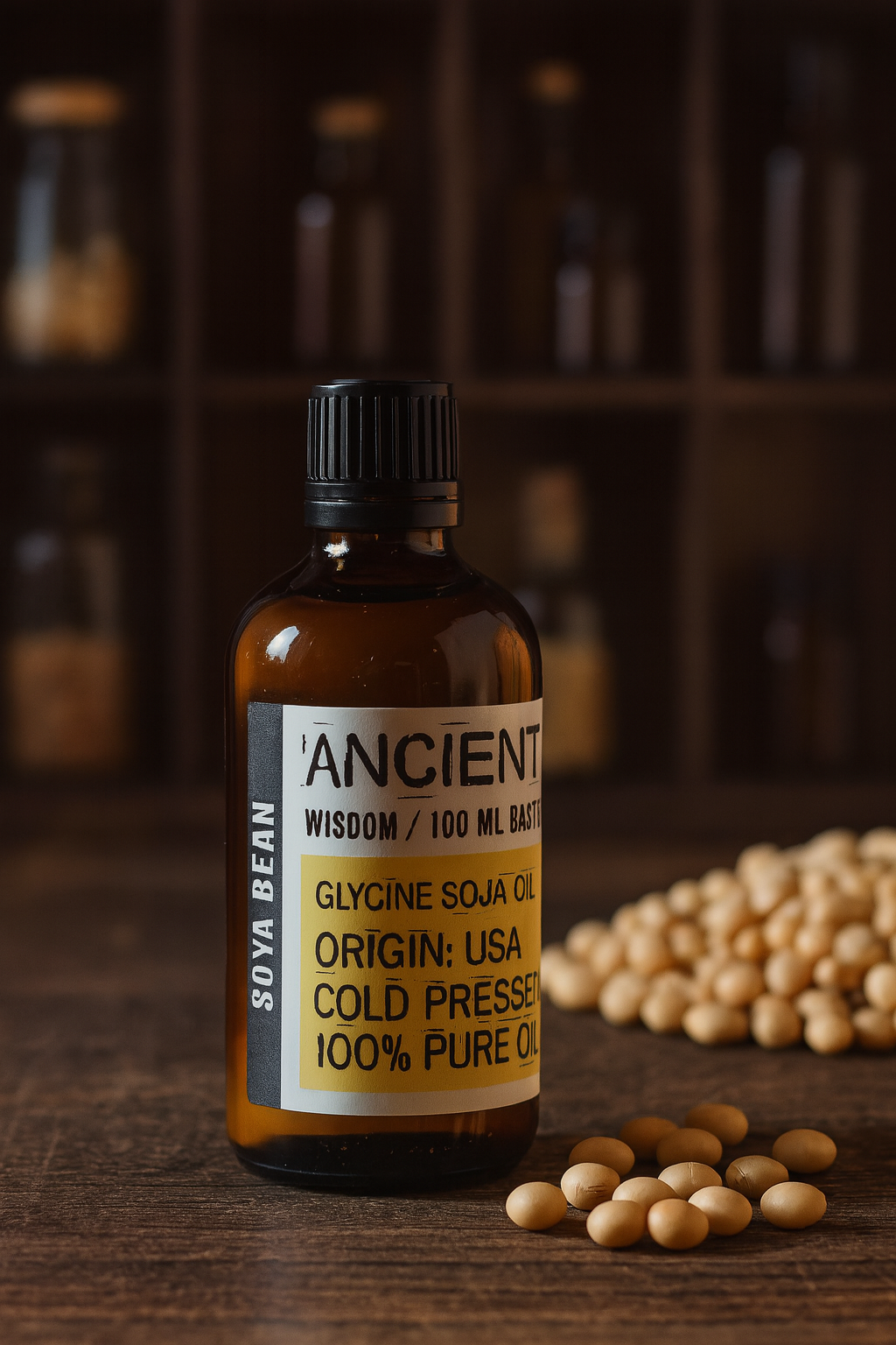 Amber glass bottle with black cap labelled ‘Soya Bean—cold-pressed’; a pale yellow-gold Glycine max carrier oil with a neutral scent and light–medium, fast-settling glide for face, body and massage blends.