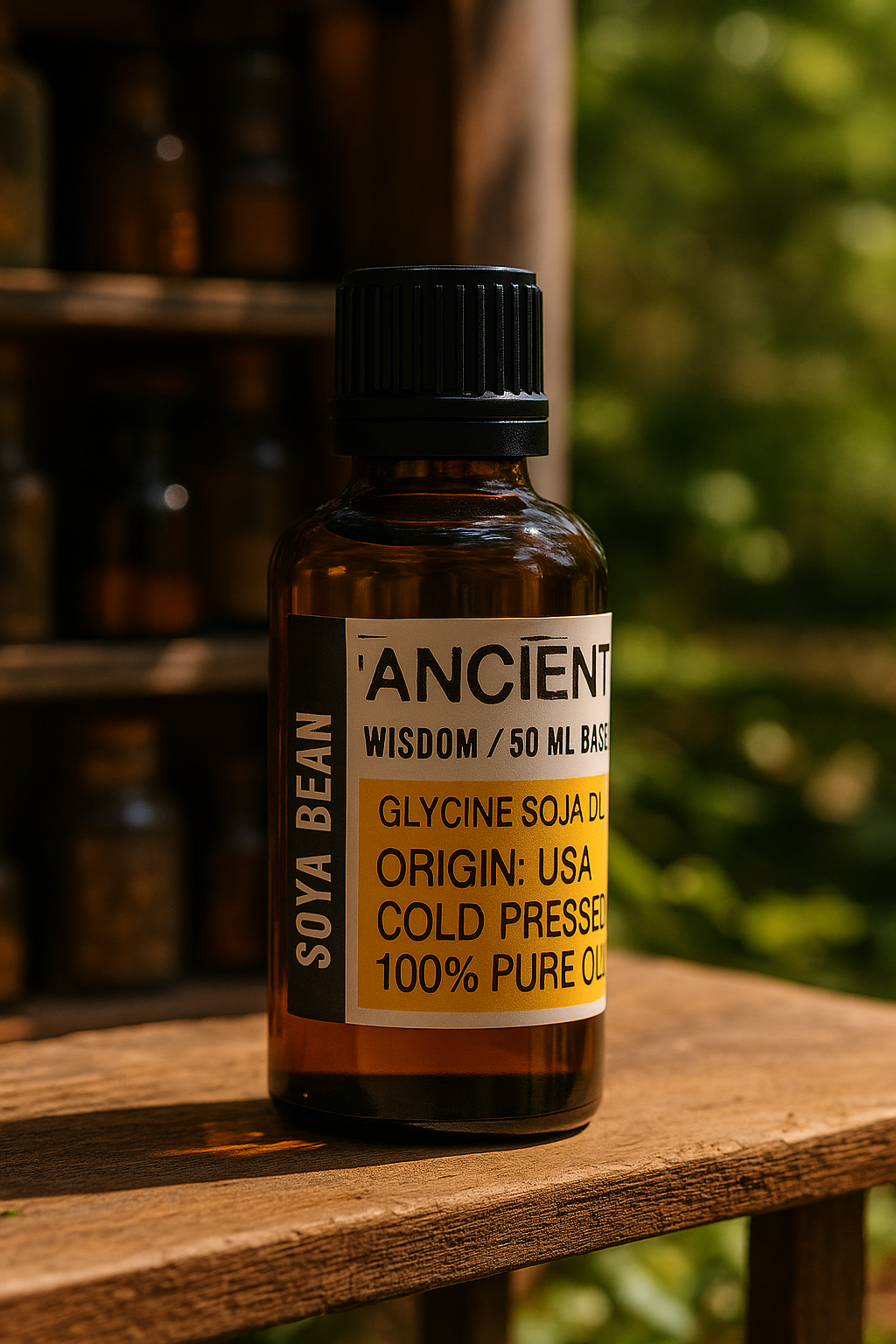 Amber glass bottle with black cap labelled ‘Soya Bean—cold-pressed’; a pale-to-golden Glycine soja carrier oil from the USA with a mild nutty-earthy aroma and a light, liquid, fast-absorbing glide for face, body and massage blends.