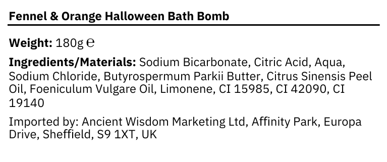 Blue and orange jack-o’-lantern shaped bath bomb, handmade in the UK, scented with fennel and sweet orange ingredient information.