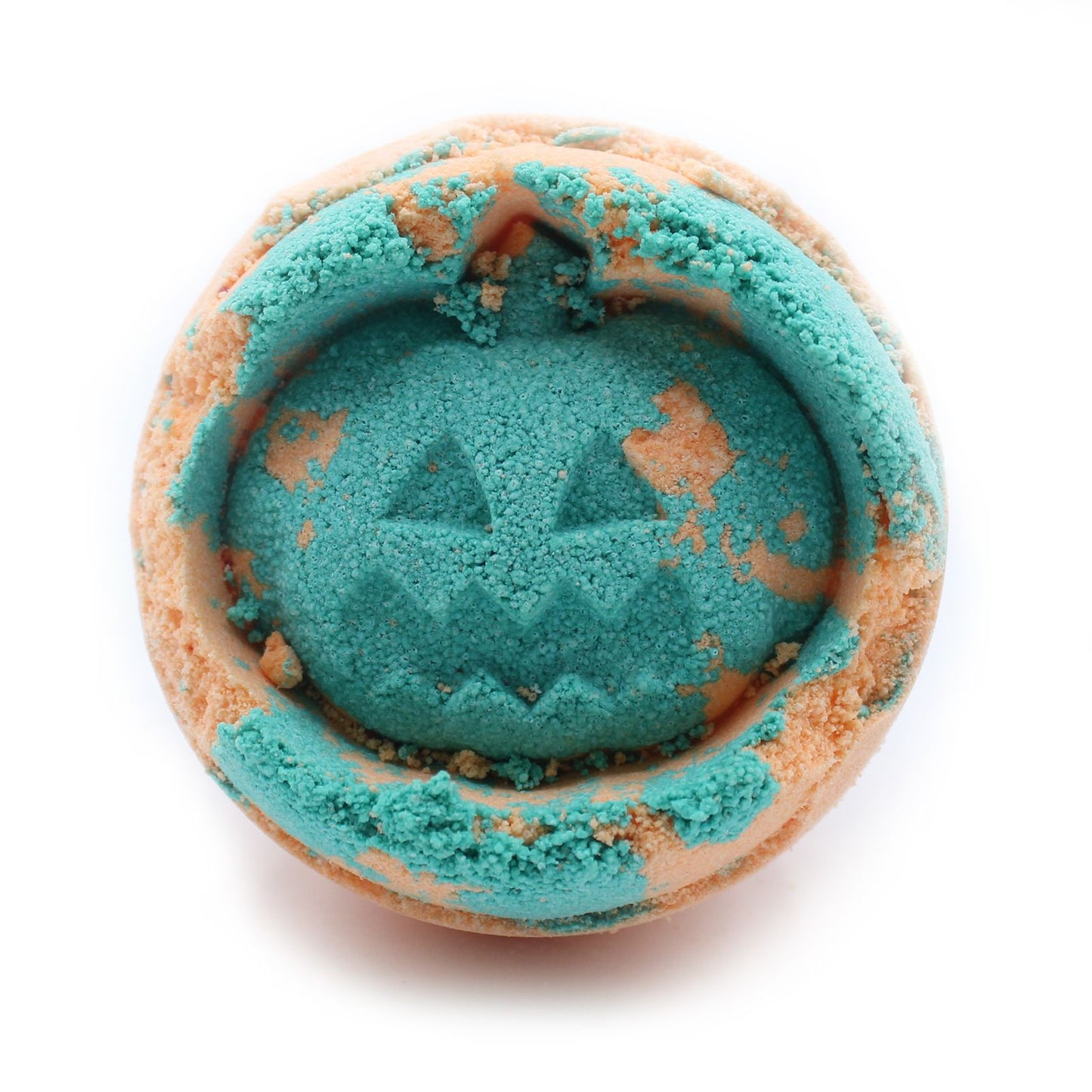 Blue and orange jack-o’-lantern shaped bath bomb, handmade in the UK, scented with fennel and sweet orange.